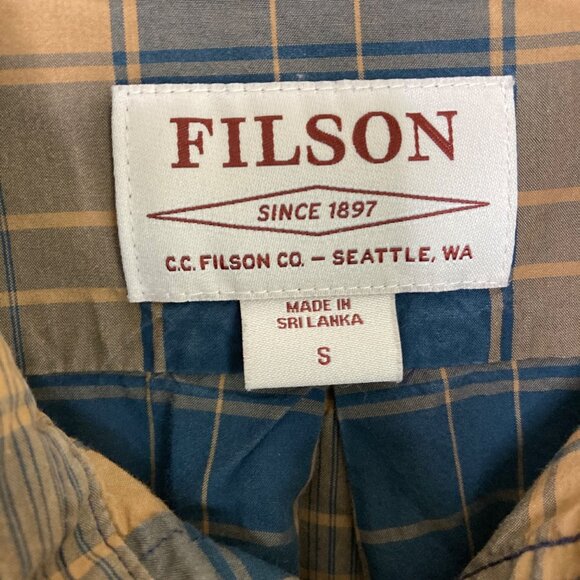 Filson Shirt Mens Small Navy Blue Tan Plaid Long Sleeve Gorpcore - Picture 3 of 8